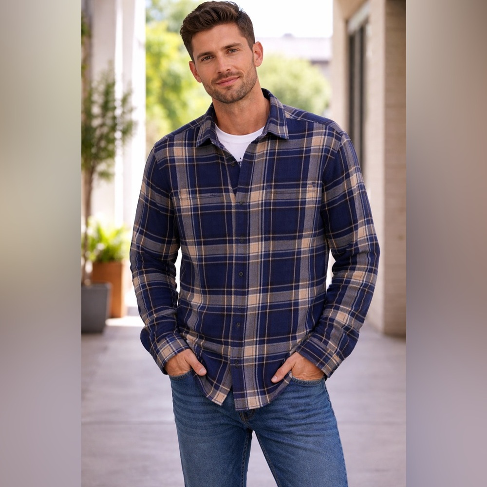 Vans Navy and Beige Plaid Casual Shirt